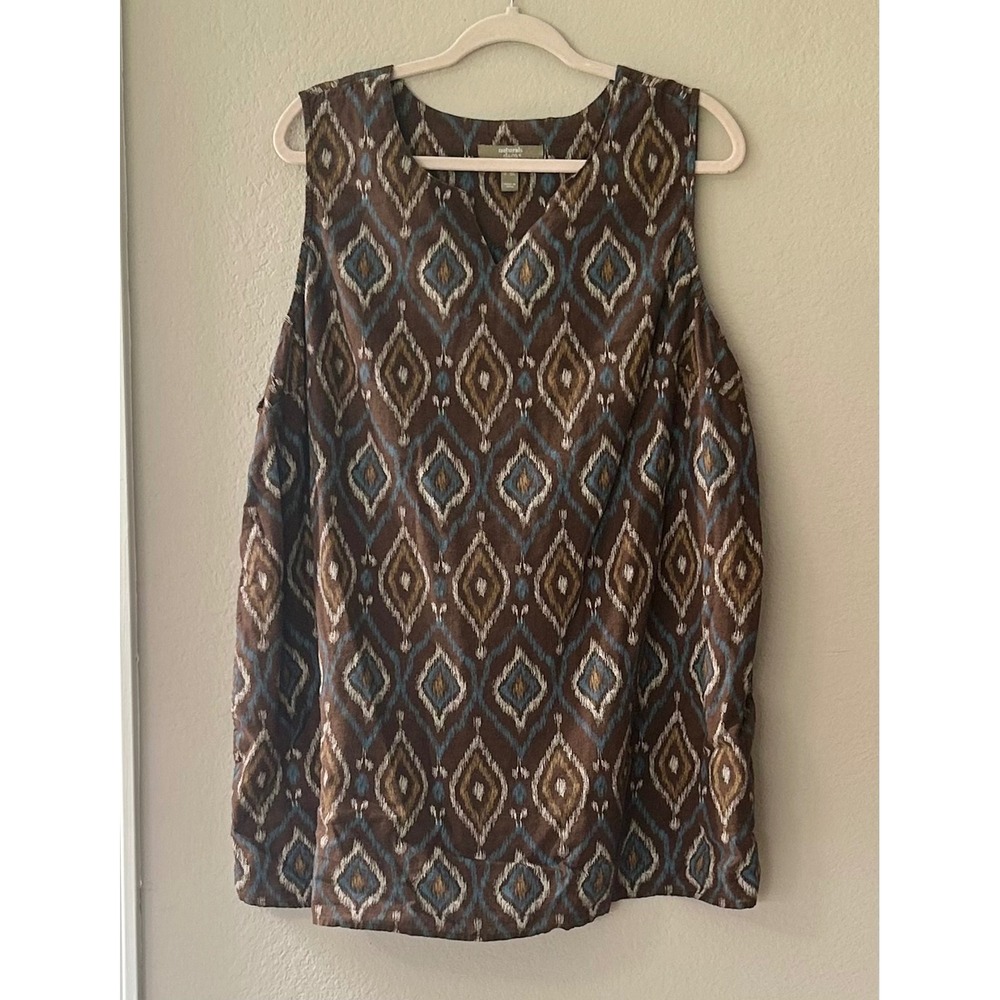 Naturals d&co Brown Ikat Diamond Linen Blend Sleeveless Tunic Top 2X A500901
